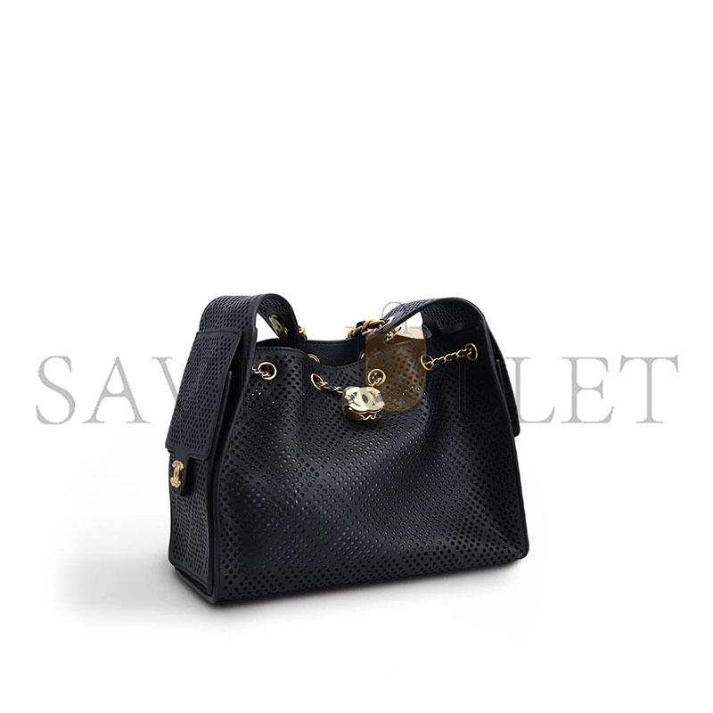 CHANEL MASTER SMALL 25 HOBO BAG BLACK PERFORATED CALFSKIN ANTIQUE GOLD HARDWARE (30*26*14cm) 